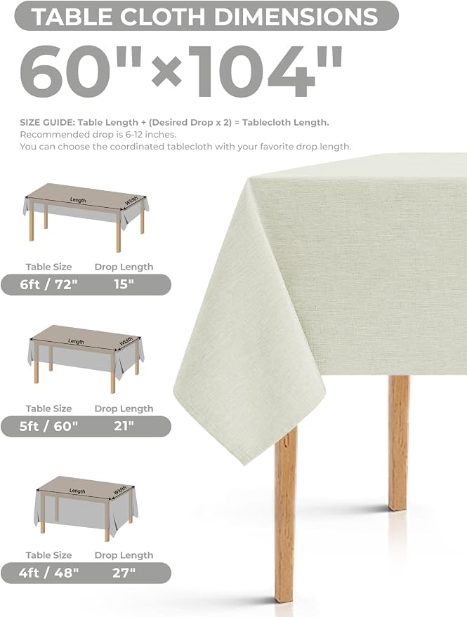Decorelia Wrinkle-Free Oblong Table Cloth Decoration for Birthday, Waterproof Outdoor Picnic Faux Linen Table Covers for Camping, Party& Wedding (Rectangle, 60 x 104 Inch (8-10 Seats), Light Grey)