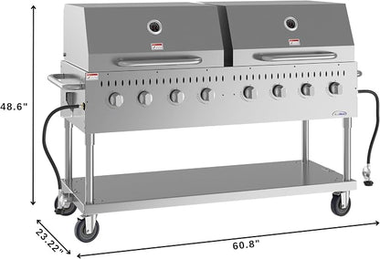 60 in. 8-Burner Commercial Outdoor Propane Gas Grill with 2 Roll Dome Covers in Stainless-Steel, ETL Listed (CGKIT6-D30D30)