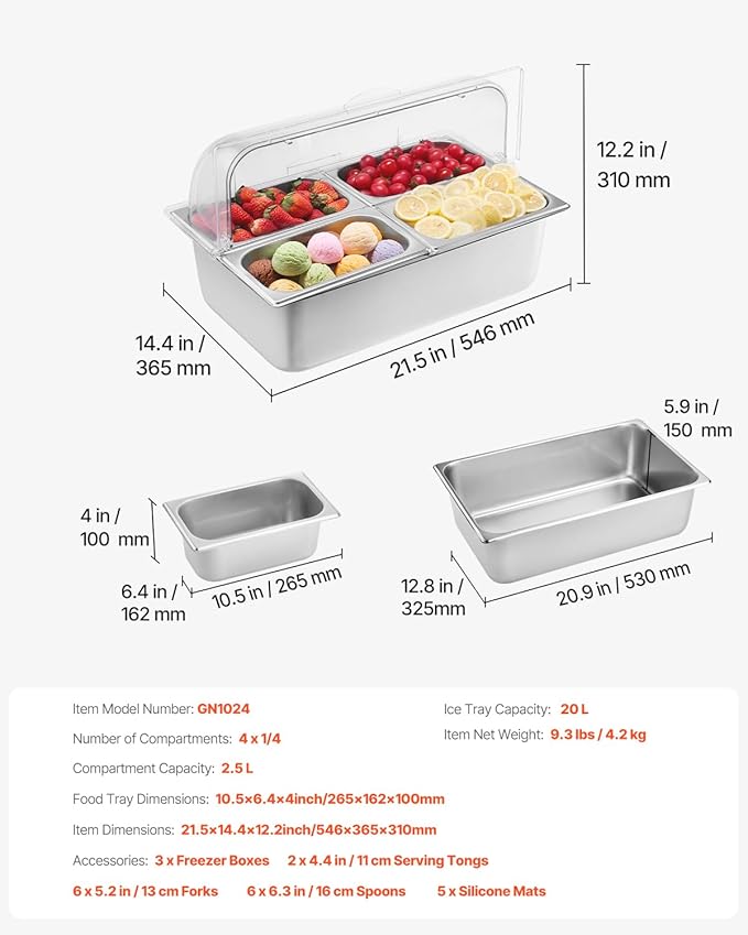 VEVOR Countertop Food Serving Display Container, 4 Pan Stainless Steel Food Serving Tray, Buffet Condiment Dispenser Display Rack with Clear Lid & 3 Freezer Boxes, for Restaurant Hotel Kitchen Party