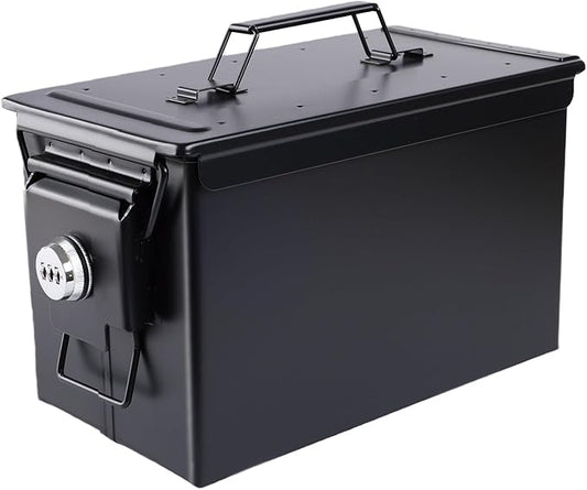 Ammo Can&Ammo Box, Fireproof & Waterproof Metal Storage Box - Perfect for Ammo, Lithium Batteries & RC Car Batteries (Round Lock, Black-12.8 * 7.4 * 6.1")