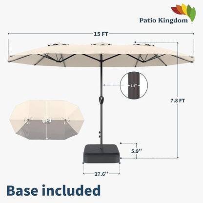 15FT Double Sided Patio Umbrella with Base Included Large Outdoor Market Umbrella with Crank Handle, UV Resistant Canopy, Sturdy Frame for Garden, Poolside, Deck, Beige