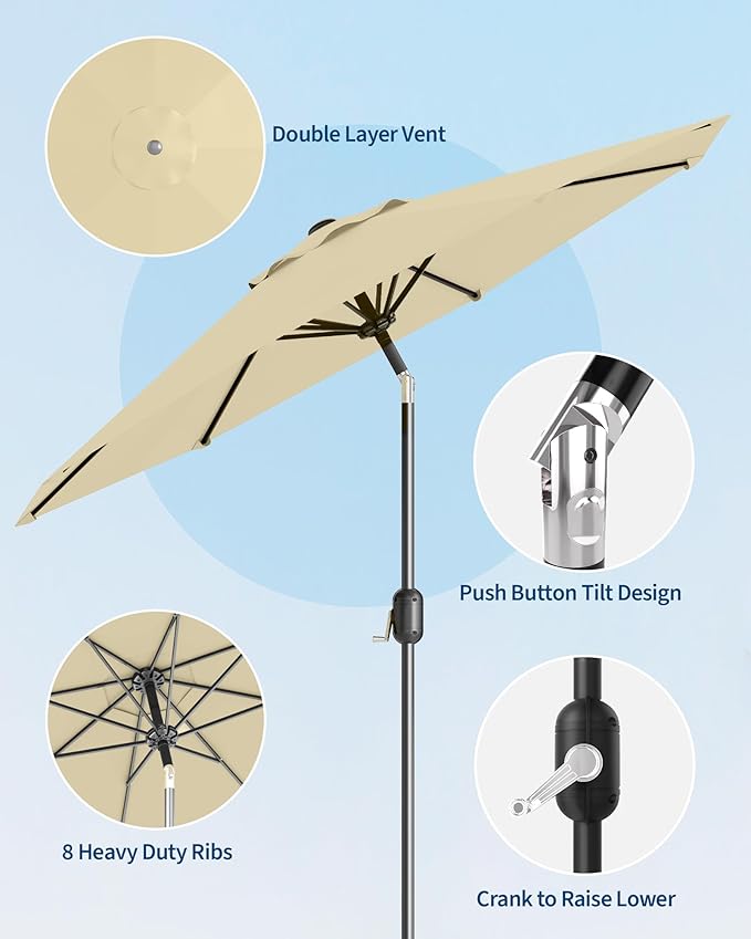 GarveeLife 9 ft Patio Umbrella, Outdoor Table Market Umbrella with Push Button Tilt and Crank, 8 Sturdy Ribs UV Protection Waterproof for Garden, Deck, Backyard, Pool (Beige)