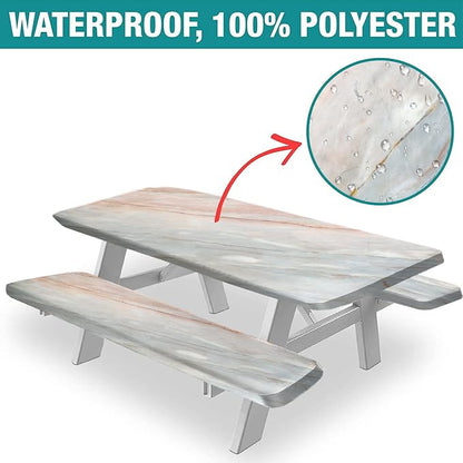 Marble Picnic Table and Bench Fitted Tablecloth Cover, Peach Grey Onyx Stone Elastic Edge Fitted Tablecloth Set for Outdoor, Park, Patio, Camping Use, Pink, 72x28 in