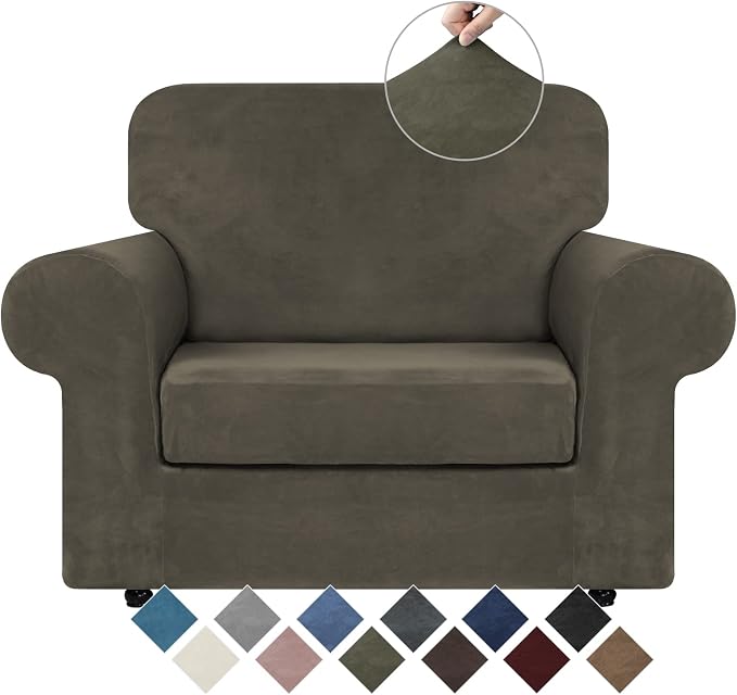 WEERRW Velvet Stretch 2 Pieces Chair Sofa Slipcovers Washable, Light Brown | Armchair Slipcovers Luxury Soft Velvet Plush Furniture Protector Couch Cover with Elastic Bottom for Kids Pets, Small