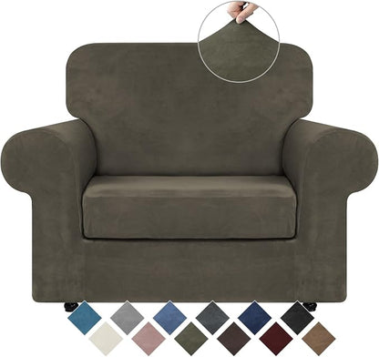 WEERRW Velvet Stretch 2 Pieces Chair Sofa Slipcovers Washable, Light Brown | Armchair Slipcovers Luxury Soft Velvet Plush Furniture Protector Couch Cover with Elastic Bottom for Kids Pets, Small