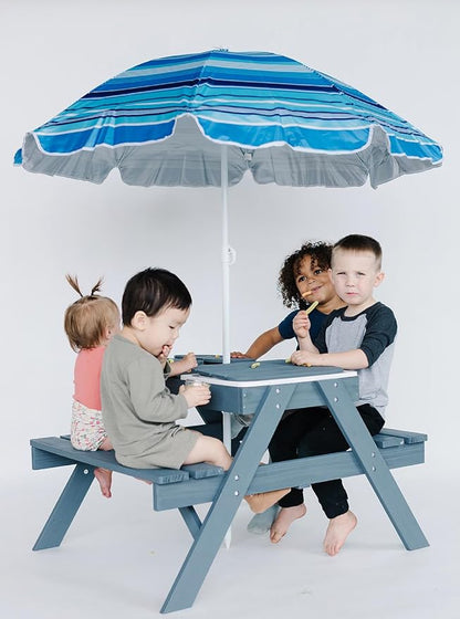 3-in-1 Kids Picnic Table, Play Sand and Water Sensory Table with Height Adjustable Umbrella & Removable Tabletop, Kids Wooden Outdoor Table, with 3 Storage Bins, Upgraded