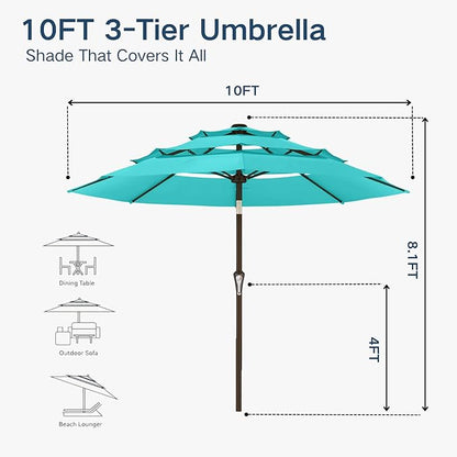10FT Patio Umbrella 3 Tiers Outdoor Market Umbrella w/Push Button Tilt, Crank, UV and Waterproof Table Umbrella for Garden, Pool, Backyard, Deck, Lawn, Aqua Blue