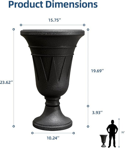 24" Tall Urn Planters for Outdoor Plants, Urns and Pedestal, Black | Resin HDPE Weather-Resistant Material, Vintage Trophy Design Outdoor Planters with Drainage Holes, Flower Pot/Vase/Porch Door