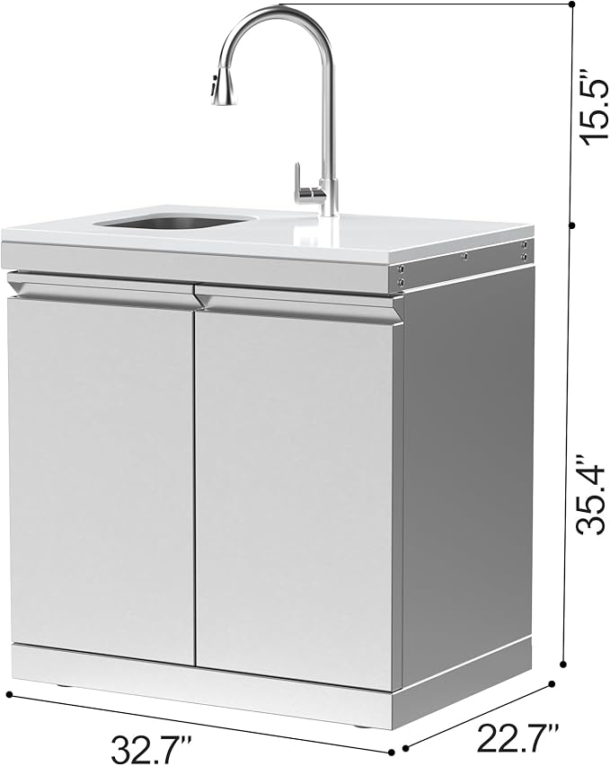 Stainless Steel Double Door Outdoor Sink Cabinet, White Quartz Countertop, Hidden Handle, Pull-Down Faucet, Large Storage, Modular BBQ Island Prep Sink for Patio - White
