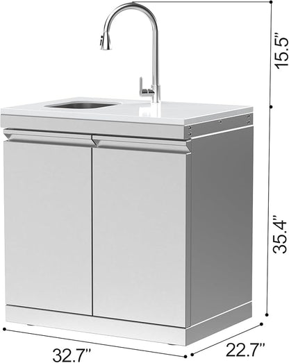 Stainless Steel Double Door Outdoor Sink Cabinet, White Quartz Countertop, Hidden Handle, Pull-Down Faucet, Large Storage, Modular BBQ Island Prep Sink for Patio - White
