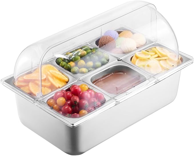 VEVOR Countertop Food Serving Display Container, 6 Pan Stainless Steel Food Serving Tray, Buffet Condiment Dispenser Display Rack with Clear Lid & 3 Freezer Boxes, for Restaurant Hotel Kitchen Party