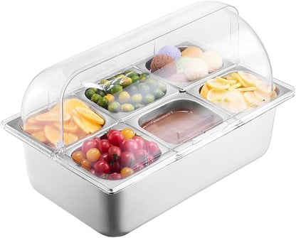 VEVOR Countertop Food Serving Display Container, 6 Pan Stainless Steel Food Serving Tray, Buffet Condiment Dispenser Display Rack with Clear Lid & 3 Freezer Boxes, for Restaurant Hotel Kitchen Party