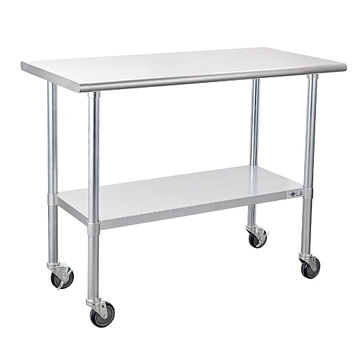 Profeeshaw Stainless Steel Prep Table with Wheels 24''x48'', NSF Work Table | Commercial Metal Workbench, with Undershelf, Heavy Duty Table, for Kitchen, Restaurant, Home, Gargae and Hotel, 18-gauge 430