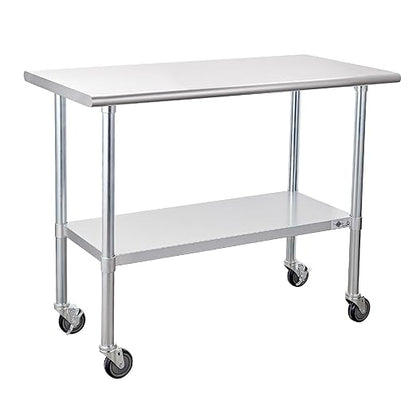 Profeeshaw Stainless Steel Prep Table with Wheels 24''x48'', NSF Work Table | Commercial Metal Workbench, with Undershelf, Heavy Duty Table, for Kitchen, Restaurant, Home, Gargae and Hotel, 18-gauge 430