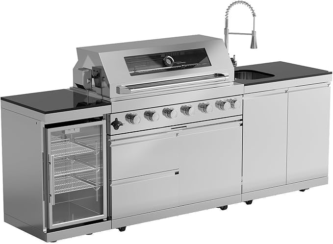 Outdoor Kitchen Island Barbecue Grill with Refrigerator & Rotisserie, Heavy-Duty Stainless Steel Freestanding Grills Station, Weather-Resistant Cooking Cabinet for Backyard & Summer Propane Gas