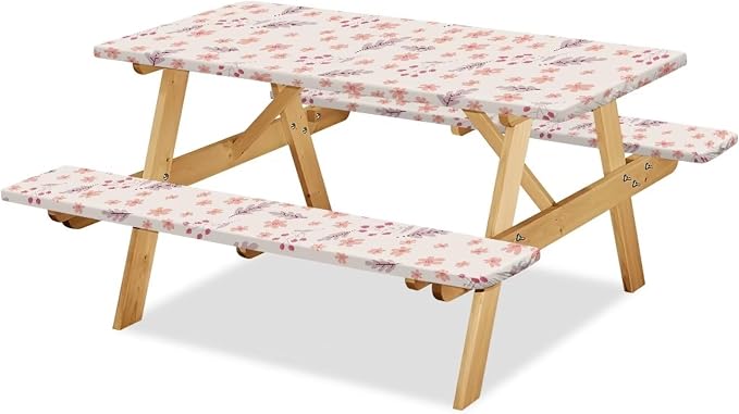 Picnic Table Cover for Outdoor BBQ Camping Floral Leave Elastic Picnic Table Cover with Bench Covers for Camping Party Supplies