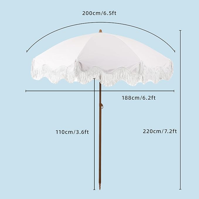 Rayjee 6.5FT Patio Umbrella with Fringe, Boho Outdoor Umbrella | UV Protection| Tilt & Adjustable Height | Brown Steel Pole | Carry Bag & Ground Stake | For Beach Pool Garden Terrace Picnic