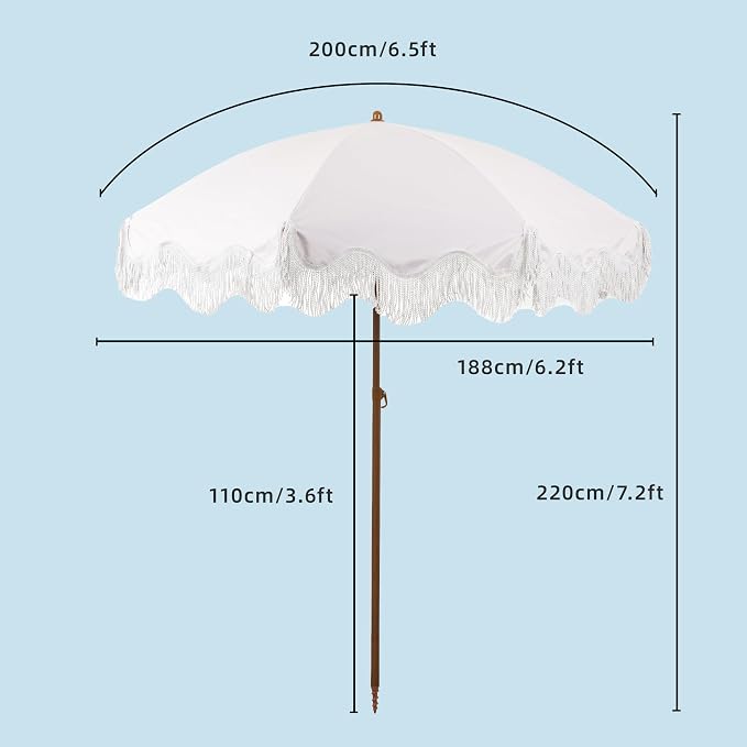 Rayjee 6.5FT Patio Umbrella with Fringe, Boho Outdoor Umbrella | UV Protection| Tilt & Adjustable Height | Brown Steel Pole | Carry Bag & Ground Stake | For Beach Pool Garden Terrace Picnic