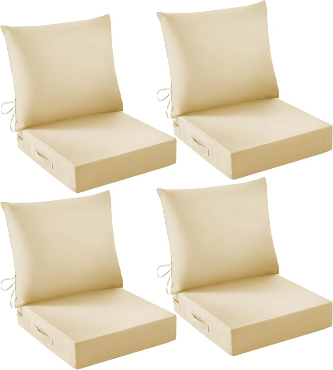 Outdoor Chair Cushions, 24 x 24 Inch Outdoor Cushion for Patio Furniture, Patio Chair Cushion, Waterproof & Fade Resistant Deep Patio Furniture Cushion Set with Handle and Ties, Light Khaki (Set of 4)