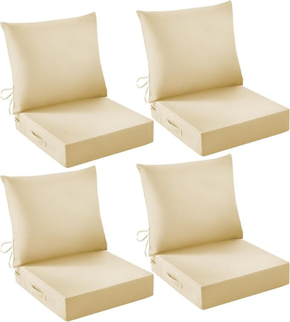 Outdoor Chair Cushions, 24 x 24 Inch Outdoor Cushion for Patio Furniture, Patio Chair Cushion, Waterproof & Fade Resistant Deep Patio Furniture Cushion Set with Handle and Ties, Light Khaki (Set of 4)