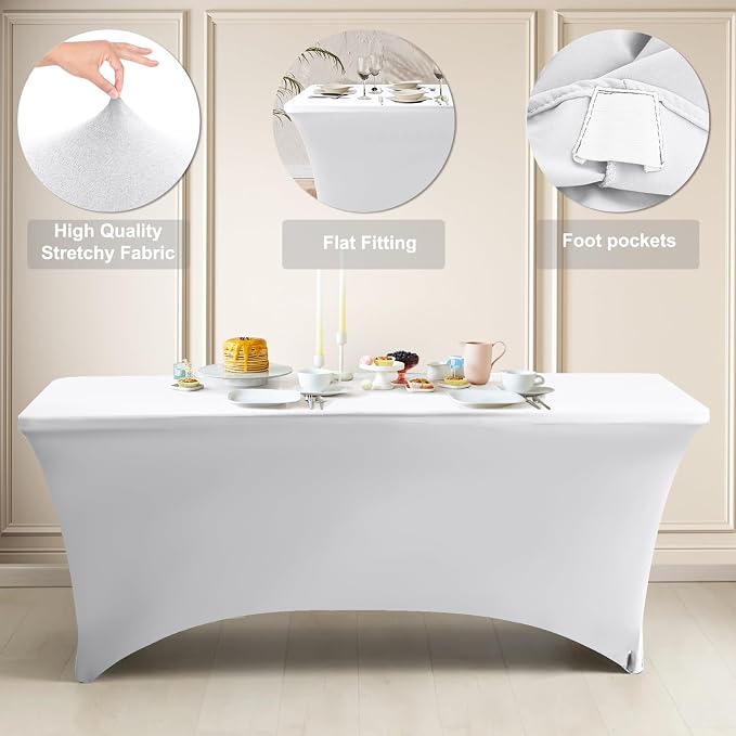 ABCCANOPY 2-Pack 6FT Spandex Table Covers, Stretch Fitted Tablecloth, White | Rectangular Tight, Fitted, Washable and Wrinkle Resistant Table Protector for Wedding, Banquet,Birthday, Party, Event