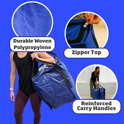 DURASACK 22-Gallon Zipper Top Heavy Duty Storage Tote Bags, 4-Pack, Blue | Rugged Woven Polypropylene Moving Bag, Reusable Self-Standing Design, Holds up to 500 Pounds