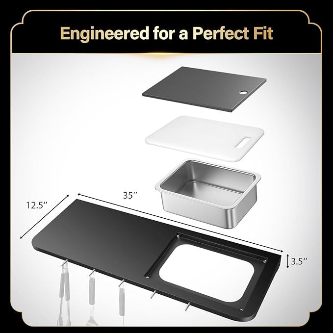 QuliMetal Folding Front Shelf for Weber Searwood XL 600, 35" x 12.5" Grill Prep Table with Stainless Steel Basin, Cutting Board, Lid and 5 Hooks, Heavy-Duty Front Grill Table Accessory