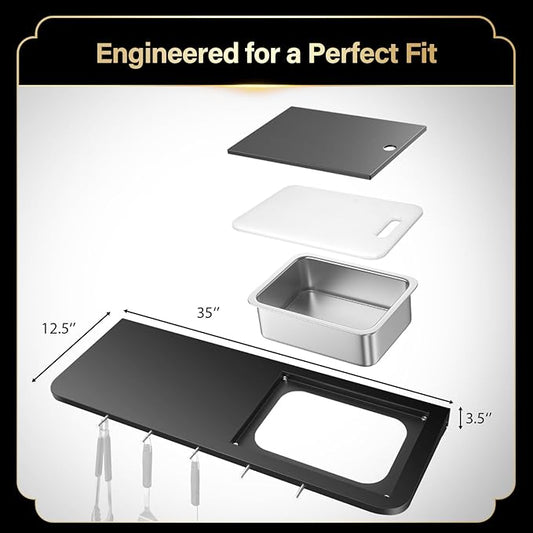QuliMetal Folding Front Shelf for Weber Searwood XL 600, 35" x 12.5" Grill Prep Table with Stainless Steel Basin, Cutting Board, Lid and 5 Hooks, Heavy-Duty Front Grill Table Accessory