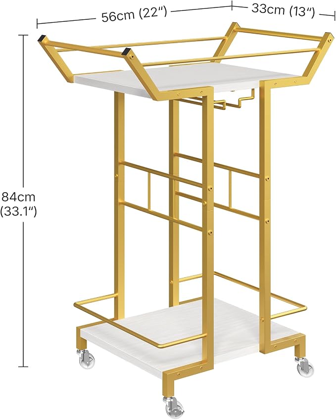 Bar Cart, 3-Tier Serving Cart with Wine Glass Rack, Drink Cart with Wheels, Rolling Beverage Cart, for Living Room, Party, White and Gold BC10DW