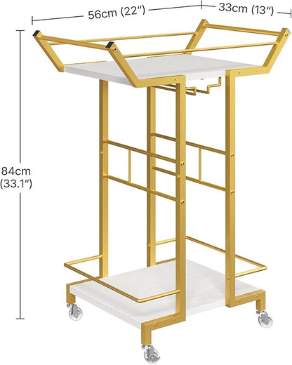 Bar Cart, 3-Tier Serving Cart with Wine Glass Rack, Drink Cart with Wheels, Rolling Beverage Cart, for Living Room, Party, White and Gold BC10DW