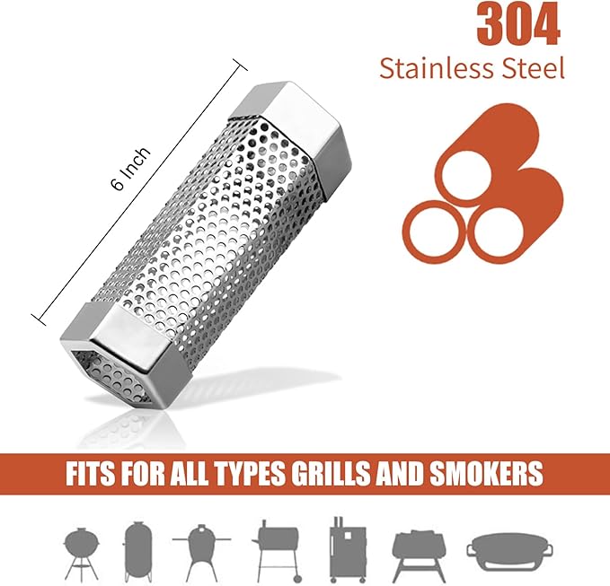 Smoke Tube for Pellet Smoker SROKIO 6 Inch Smoker Tube BBQ Stainless Steel for Pellet Smoker Hot or Cold Smoker Accessories, with Brush