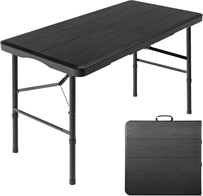 4 Ft Folding Table Wood Grain Desktop & 350lbs Weight Capacity | Plastic Folding Table Heavy Duty Portable Table for Indoor & Outdoor Premium Solutions for Camping,Picnic,BBQ and Party