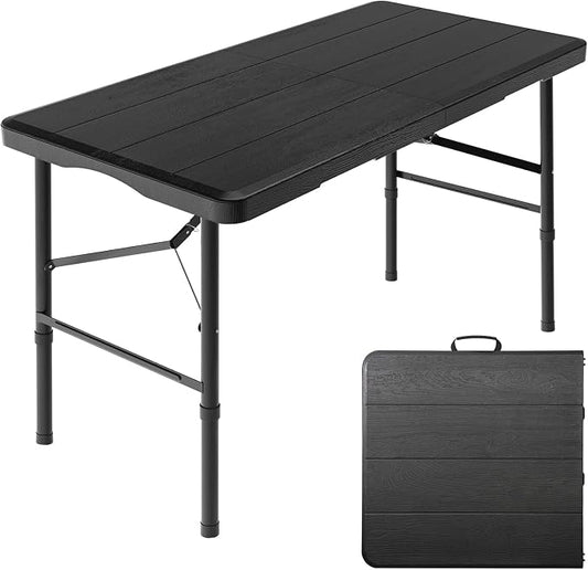 4 Ft Folding Table Wood Grain Desktop & 350lbs Weight Capacity | Plastic Folding Table Heavy Duty Portable Table for Indoor & Outdoor Premium Solutions for Camping,Picnic,BBQ and Party