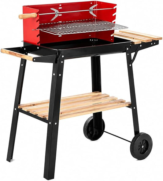 Portable Outdoor BBQ Grill, Red & Black Charcoal Barbecue with Adjustable Height, Side Table & Storage Shelf, Wheels for Backyard, Patio, Camping, Family Outdoor Cooking