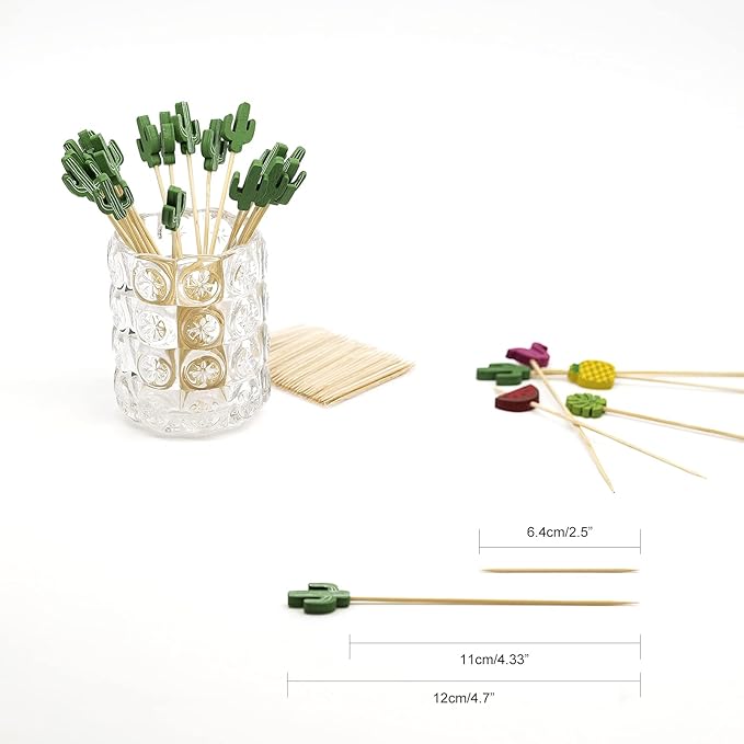 Minisland Green Cacti Cocktail Picks, 5 Inch Long Bamboo Fancy Toothpicks for Appetizers, Decorative Summer Tropical Hawaiian Party Food Drinks Garnish Fruit Kabob Skewer Sticks 100 Counts - MSL173
