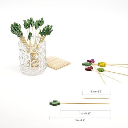 Minisland Green Cacti Cocktail Picks, 5 Inch Long Bamboo Fancy Toothpicks for Appetizers, Decorative Summer Tropical Hawaiian Party Food Drinks Garnish Fruit Kabob Skewer Sticks 100 Counts - MSL173