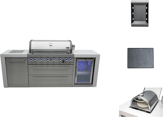Mont Alpi MAi805-DFC-COMBO 44-Inch 6-Burner 115,000 BTU Stainless Steel Outdoor Kitchen Island Gas Grill with Fridge, Side Burner, Pizza Oven, Charcoal Tray & Griddle