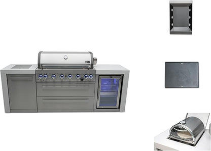 Mont Alpi MAi805-DFC-COMBO 44-Inch 6-Burner 115,000 BTU Stainless Steel Outdoor Kitchen Island Gas Grill with Fridge, Side Burner, Pizza Oven, Charcoal Tray & Griddle