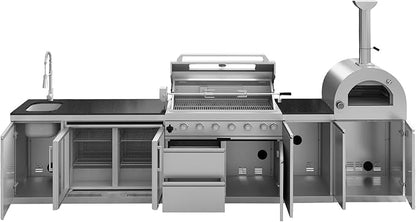 147" Modular Outdoor Kitchen,120,000 BTU Stainless Steel Propane Grill with Built-In Pizza Oven,Rotisserie,Double Door Refrigerator,Granite Countertop,Storage Drawers & Cabinets.