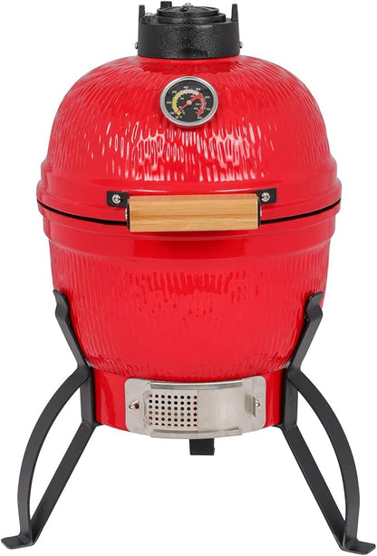 Portable Ceramic Charcoal Grill,13 Inch Outdoor BBQ Egg Grills with Built-in Thermometer, Multifunctional Ceramic Barbecue Grill, Egg Outdoor Kitchen Style (Red)