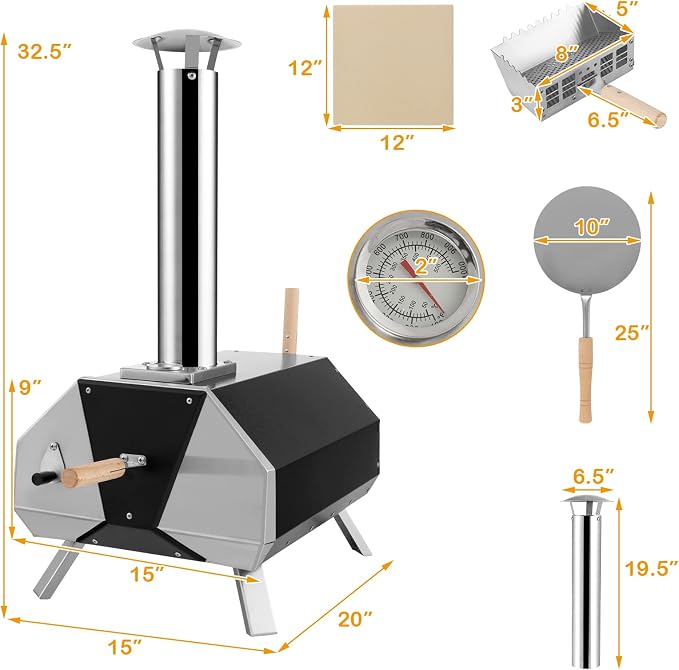 COSTWAY Outdoor Pizza Oven, with 12” Pizza Stone, Wood Fired Pizza Maker with Foldable Legs & Built-in Thermometer, Stainless Steel Wood Pellet Pizza Grill for Camping, Backyard, Picnic, Party, Black