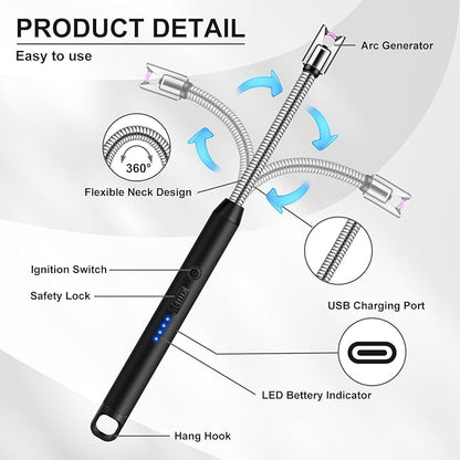 Upgraded 2 Pack Electric Candle Lighter with 360° Flexible Neck & Safety Lock, Windproof USB Rechargeable Flameless Arc Long Lighters for Grill, BBQ, Camping, Fireplace, Stove (Black & Gold)