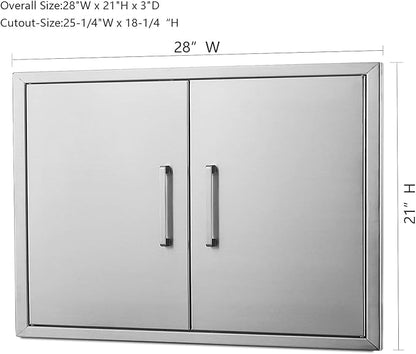 Outdoor Kitchen Doors- 28" W x 21" H -Stainless Steel BBQ Double Access Door,Flush Mount for Outdoor Kitchen Island