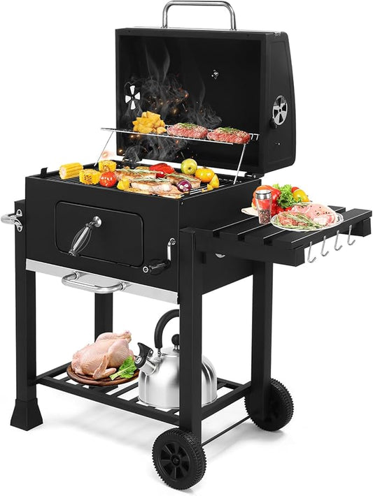 Charcoal Grill with Foldable Side Table,Charcoal Tray, Barbecue Grill for Outdoor. Heavy-duty BBQ Grill, Perfect for Backyard Grilling,Charcoal Grill Outdoor BBQ Grill, Extra Cooking Area 116x57x108CM