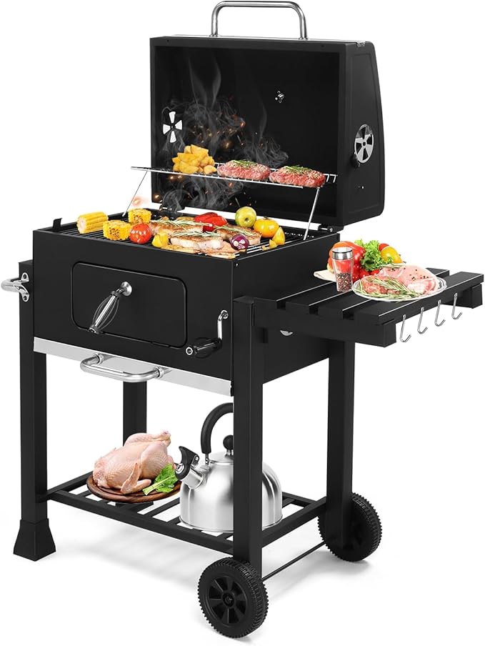 24 Inch Large Charcoal Grills with Foldable Side Table, Outdoor Barbecue Grill with 560 Sq. In. Cooking Area, BBQ Grill Charcoal with Thermometer for Backyard Patio Picnic Grilling, Black