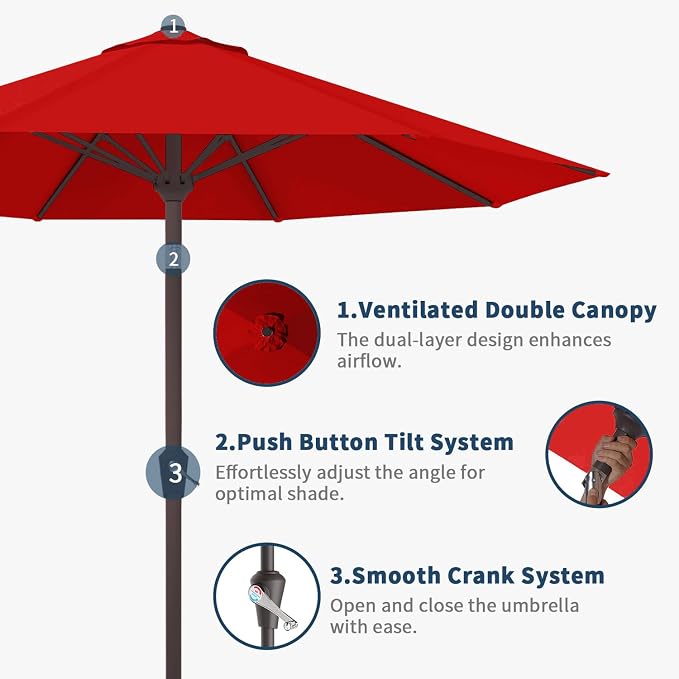 9FT Patio Umbrella with Fiberglass Ribs, Outdoor Market Table Umbrella with Crank and Tilt, UV Resistant Waterproof Canopy for Patio, Garden, Deck, Pool, Red