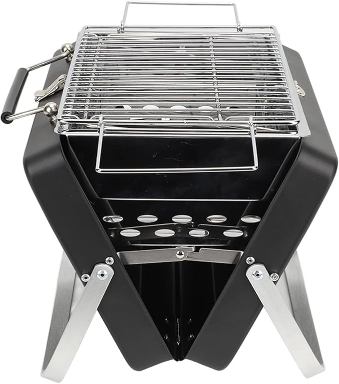 Portable Charcoal BBQ Grill, Folding Notebook Grill for Camping, Outdoor Cooking Backyard Picnic, High Temperature Stainless Steel with Wavy Non Stick Design, Rust Proof (Black)