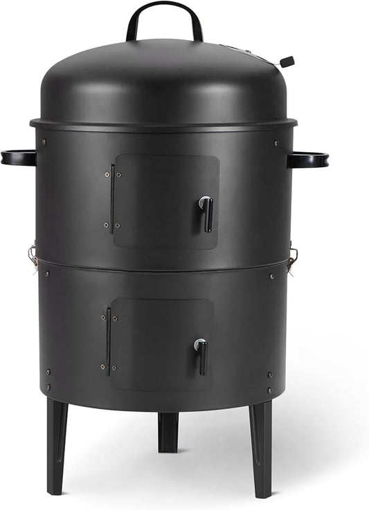 Amazon Basics 16 inch Vertical Charcoal Outdoor Smoker, BBQ Grill, with Built-in Thermometer, 2-Layer Design, Adjustable Air Supply Control, Black