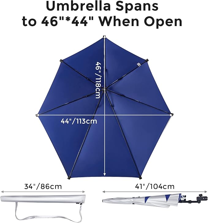 G4Free Beach Chair Umbrella with Universal Clamp UPF 50+ Golf Cart Umbrella | 46"x44" Large Canopy Sun Umbrella UV Protection, Adjustable Clamp for Beach Chair/Wheelchair/Stroller, 360° Flex Shaft, 7 Rib