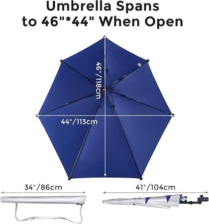 G4Free Beach Chair Umbrella with Universal Clamp UPF 50+ Golf Cart Umbrella | 46"x44" Large Canopy Sun Umbrella UV Protection, Adjustable Clamp for Beach Chair/Wheelchair/Stroller, 360° Flex Shaft, 7 Rib